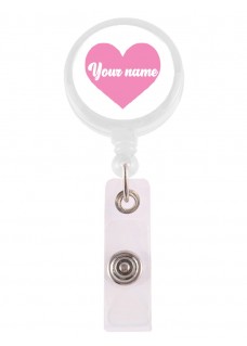 Porte Badge Enrouleur Coeur Rose avec Nom Imprimé